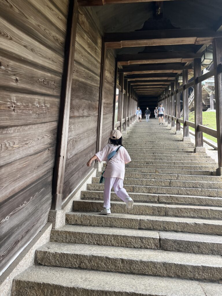 二月堂の階段を登る娘